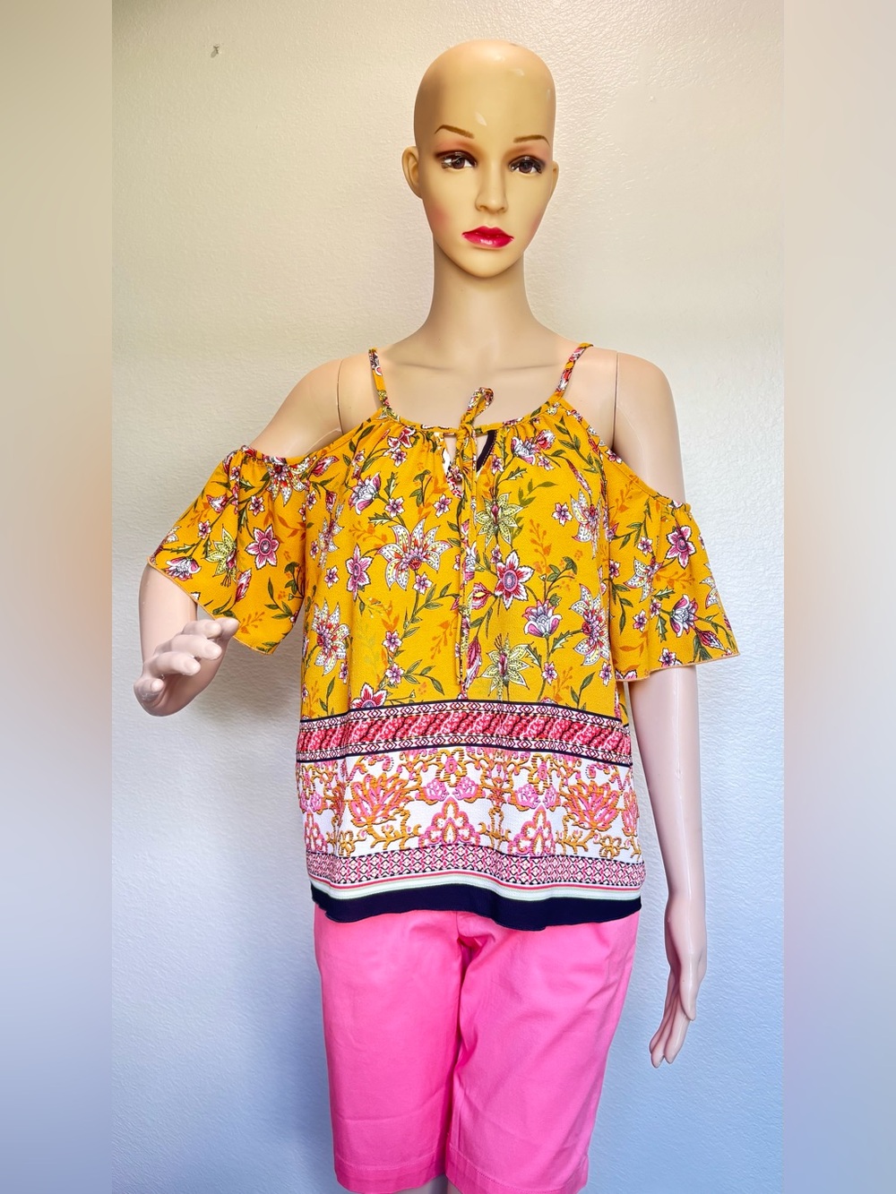 Cold-Shoulder Floral Blouse in Mustard Yellow